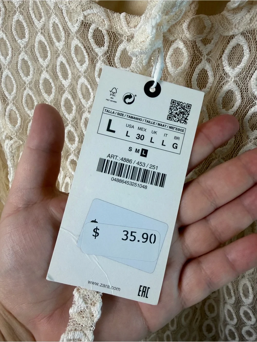 Zara Ivory Lace Long Sleeve Blouse – Size Large – NWT
